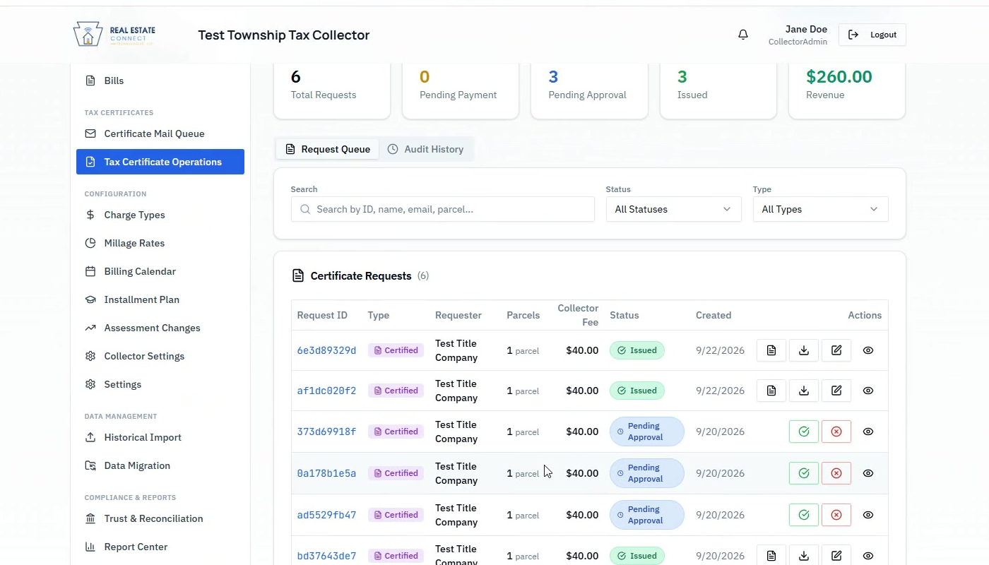 Certificate request queue showing issued and pending approval statuses