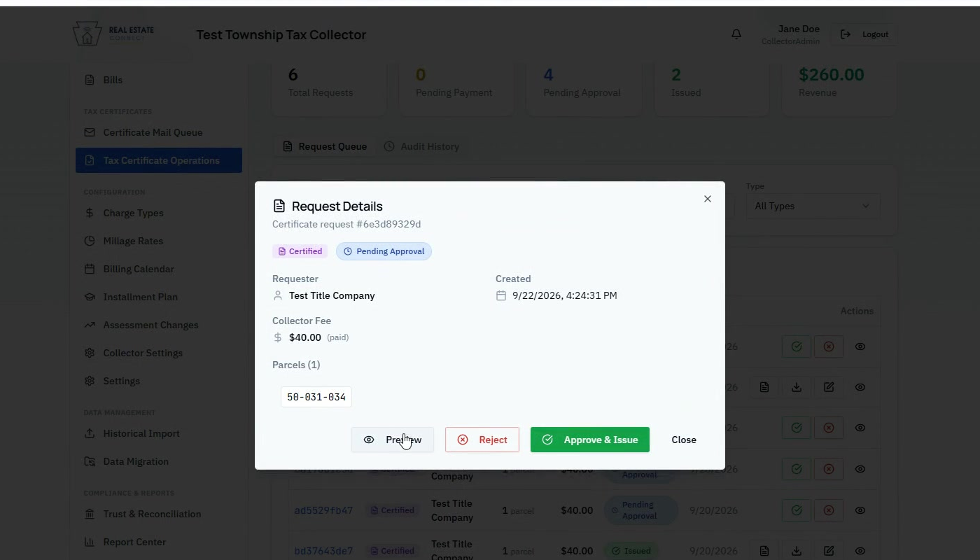 Collector request details screen with Preview, Reject, and Approve and Issue controls