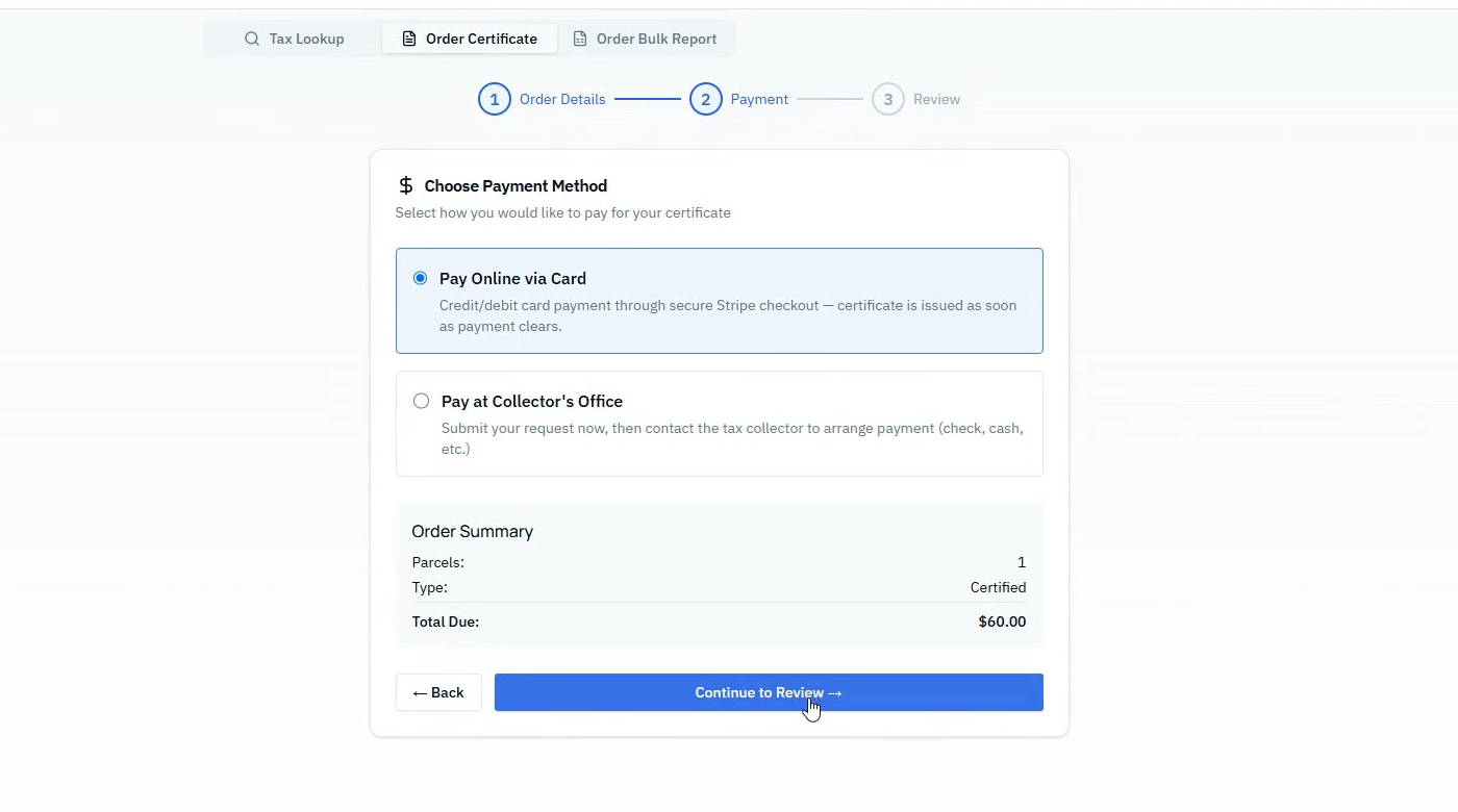 Public certificate portal showing online payment options