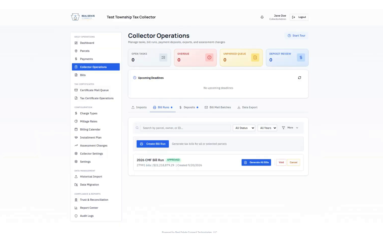 Collector Operations dashboard showing bill runs, deadlines, and daily tasks