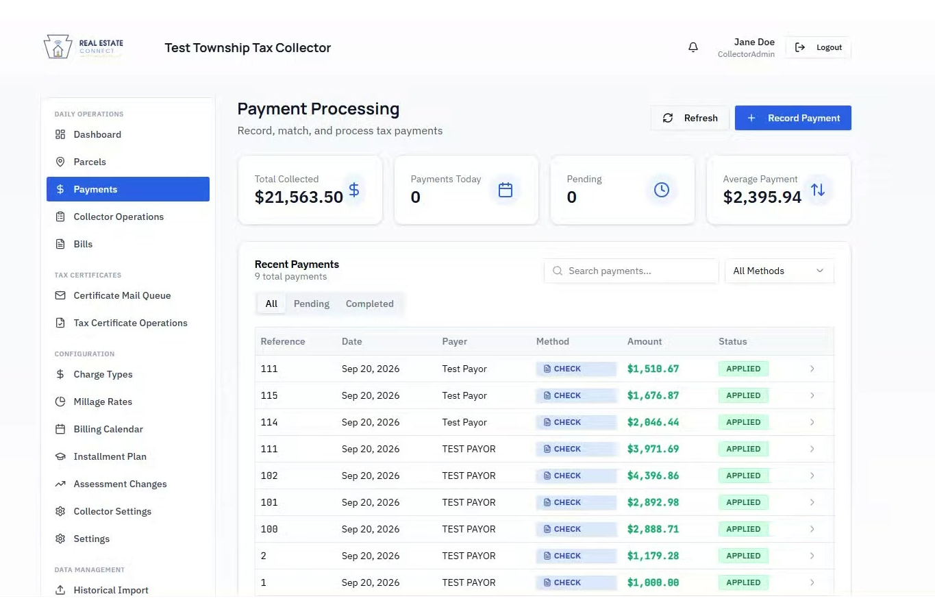 Payment processing dashboard showing payment totals and recent activity